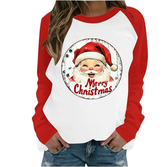 Hueook Christmas Shirts for Women Hawaiian Shirts Women's Casual Christmas Printed Long-sleeved Round-neck Raglan Sweater Red L