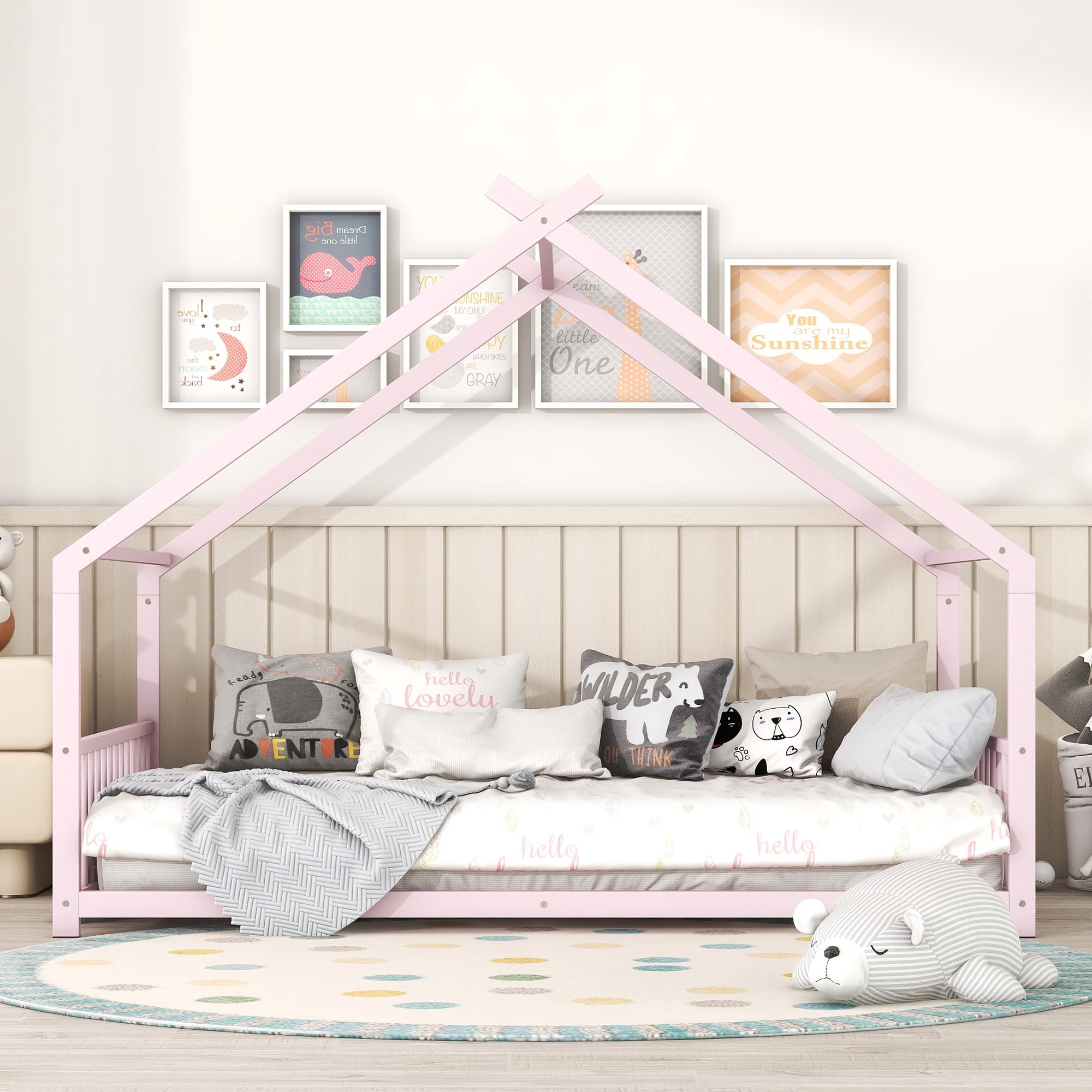 Gewnee Full Size House Bed with Roof and Fence,Metal Montessori Platform Bed for Toddle and Kids,Pink