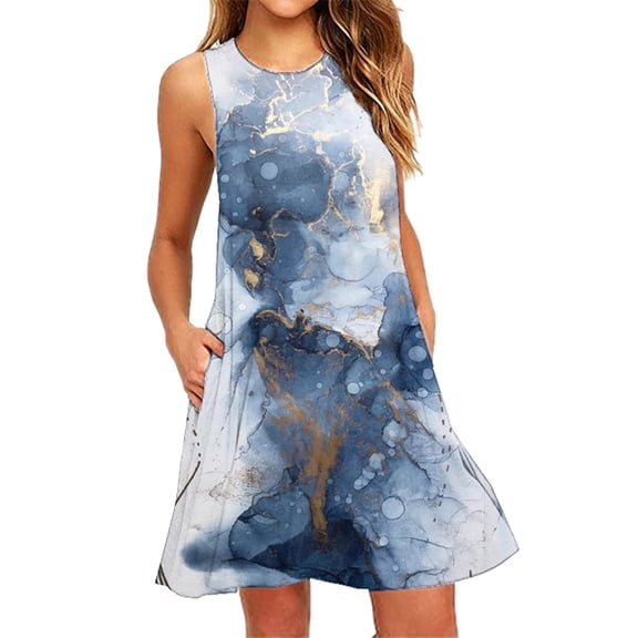 TIANEK Womens Dress Sleeveless Tie Dye Mini Sun Dress Pockets Tank Dress Short Junior Dresses