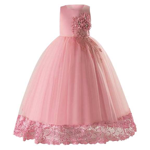 AINIYS Girls' Princess Wedding Dress Blue Tulle Lace Applique Flower Birthday Party Pageant Gown Pink 120
