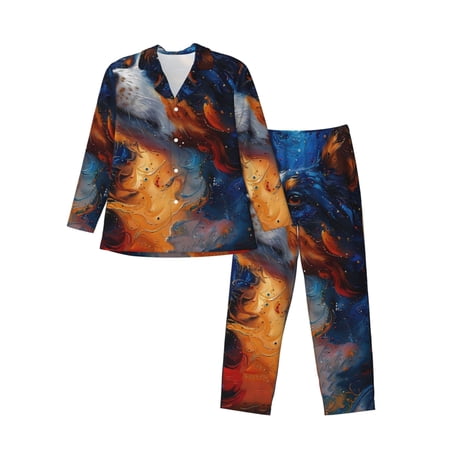 Fuzoiu Cosmic Dog Starry Night Print Men s Long-Sleeved Pajama Lounge Button Down Nightwear Mens Notch Collar Pajama Set -XX-Large