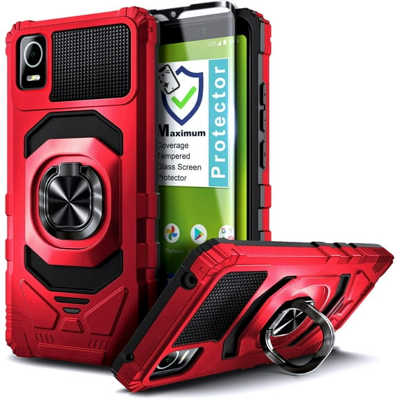 Nagebee Phone Case Compatible for Cricket Debut Smart (2022) with Tempered Glass Screen Protector (Full Coverage), Full-Body Protective [Military-Grade], Magnetic Car Ring Holder Durable (Red)