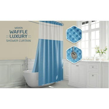 Waffle Weave Shower Curtain - Luxury Hotel Style Fabric - Long Waterproof Curtain for Bathroom - Includes Washable Snap-in Cloth Liner, Transparent Window & 12 Hooks - 72x72 inches - (Blue)