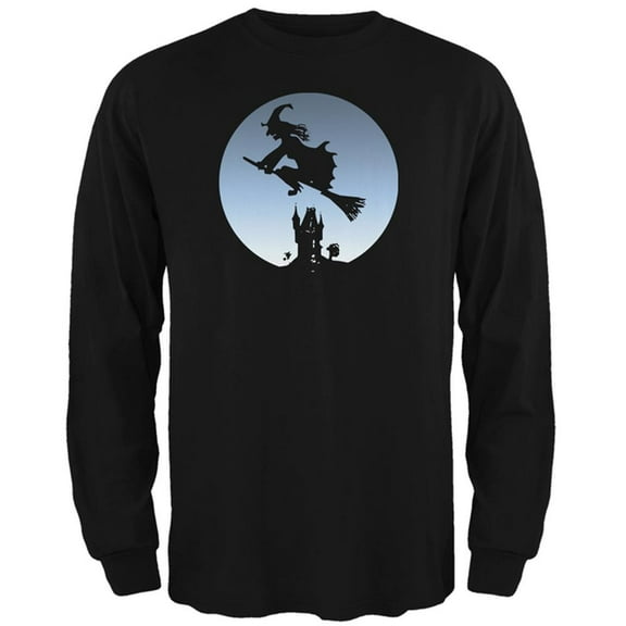 Halloween Witch Riding Broomstick Full Moon Mens Long Sleeve T Shirt Black MD