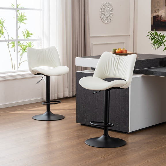 Kidol & Shellder Modern Bar Stools Set of 2, Adjustable Swivel PU Leather Counter Stools, Armless Kitchen Island Bar Chairs with Hollow Mid Backrest for Home & Bar, White