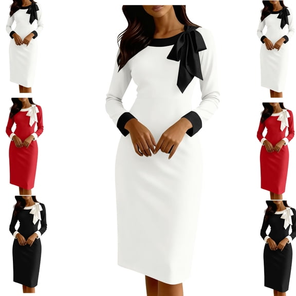 Gamivast Classy Dresses for Women Long Sleeve Round Neck Bow Knot Work Dress Fitted Pencil Formal Dress Midi Business Casual Office Church Meeting