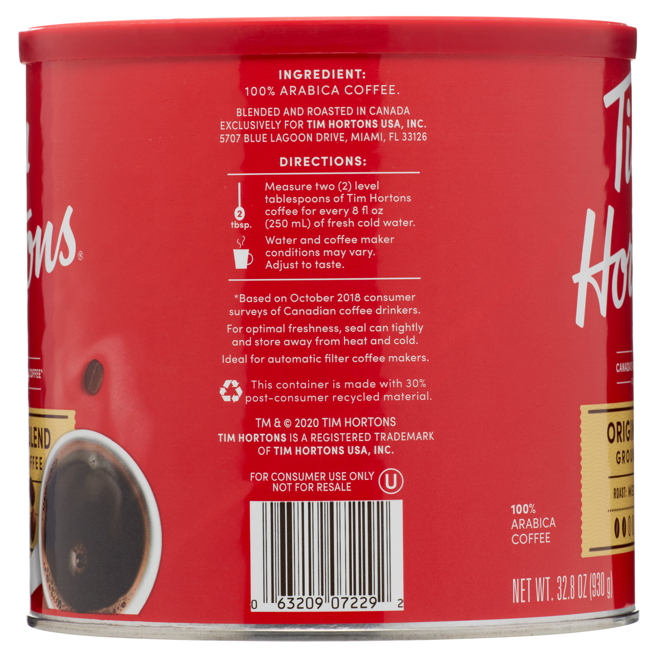 Tim Hortons Ground Coffee, 100% Arabica Medium Roast, 32.8 oz Canister - image 5 of 10