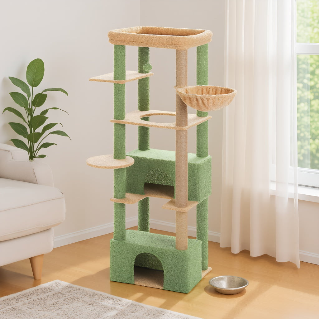 Pefilos 68" Tall Cat Tree Tower for Indoor Big Cats with Extra-Big Top Perch [21'' x 17''], 2 Large Condos, Scratching Post and Cozy Hammock, Green