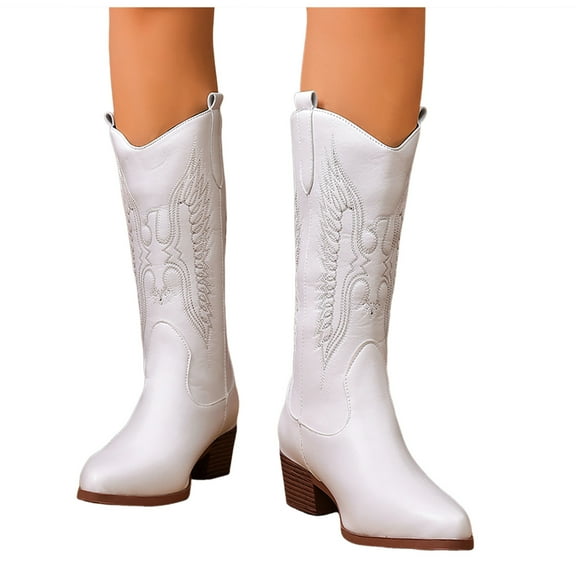 Leather Cowboy Boots for Women Wide Calf Knee High Pointed Toe Embroidered Low Stacked Heel Cowgirl Booties
