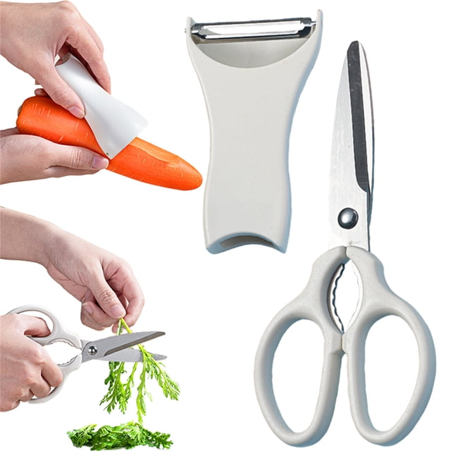 White 2 in 1 Kitchen Scissors Vegetable Peeler, Multipurpose Stainless Meat Shears, Herb Scissors with Bottle Opener