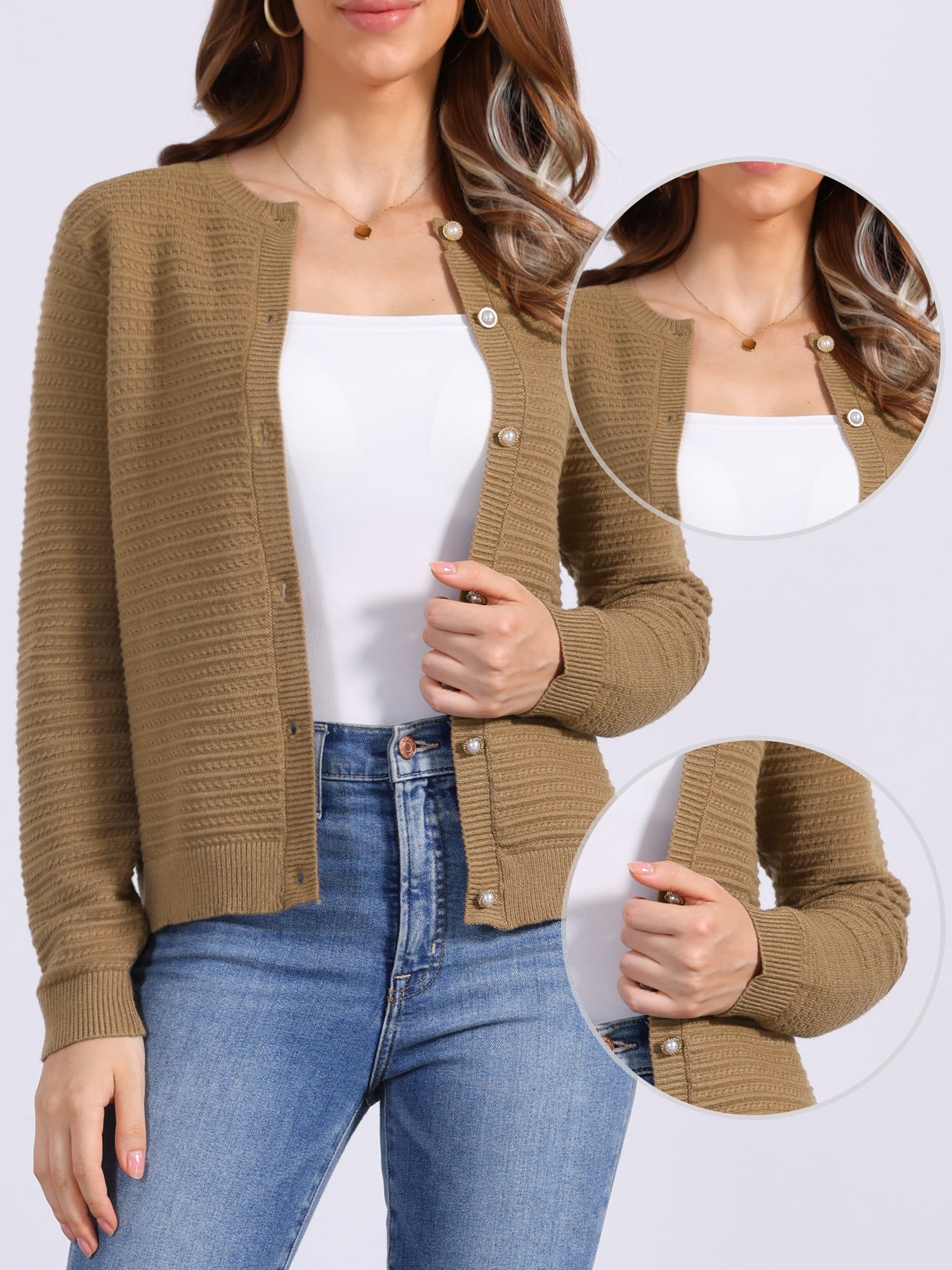 DARING DIVA Women's Crew Neck Long Sleeve Open Front Button Down Cardigan XL Brown