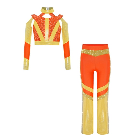 TSSOE Kids Dance Outfit Rhinestone Color Block Crop Top Long Sleeve Cross Back Flared Pants For Gymnastics Acro Orange 6