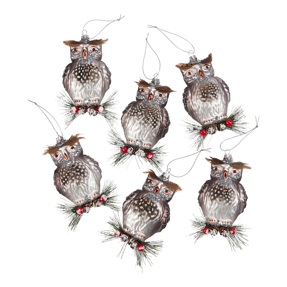 Belham Living Glass Owl Christmas Tree Ornaments, 6 Count
