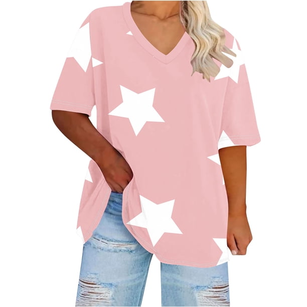 Camisetas de Verano de las Mujeres de Manga Corta con Cuello en V de Gran Tamaño Camiseta Deportiva Sólida, Base Cómoda Casual