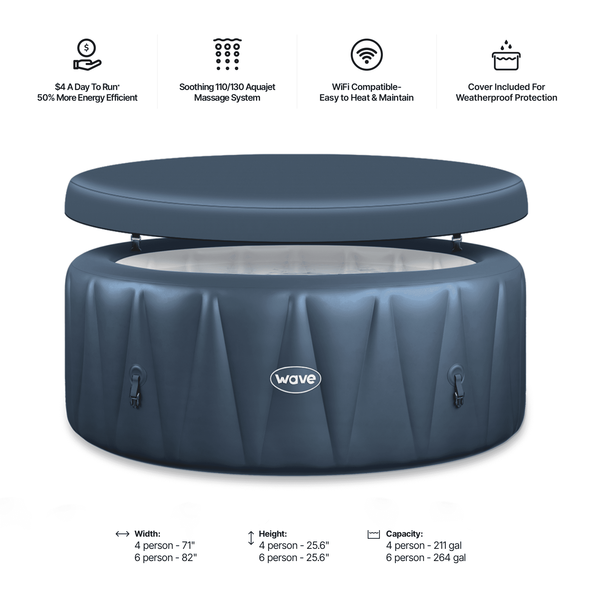 Wave Atlantic 6-Person Round Inflatable Hot Tub | 130-Jet Massage & Eco Heater | Navy | EnergySave Bundle