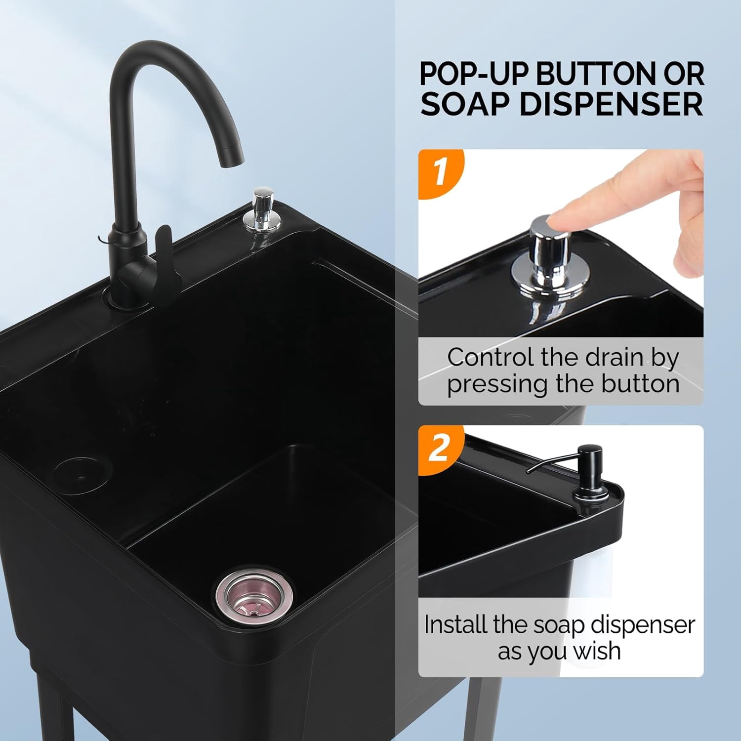 Ktaxon 13 Gallon Plastic Utility Sink with Hot/Cold Faucet, 33" Freestanding Laundry Tub with Iron Legs, Soap Dispenser and Pop-up Button for Bathroom, Laundry Room, Garage, Black