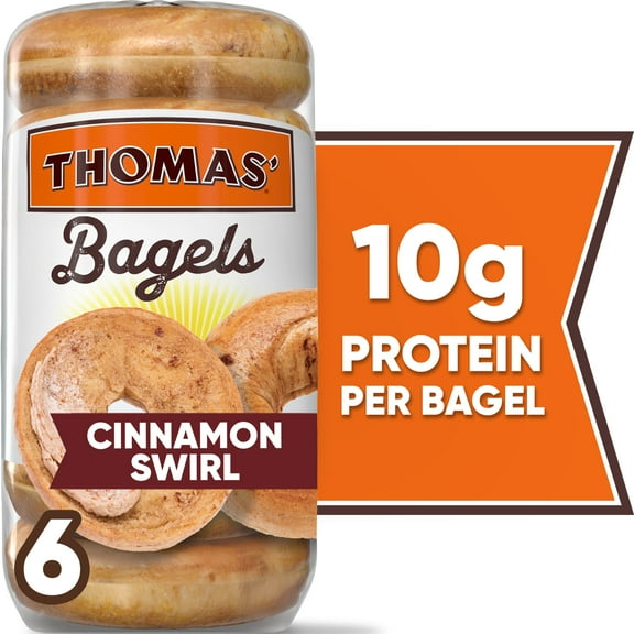 Thomas' Cinnamon Swirl Bagels, 6 count, 10g Protein, Kosher Cinnamon Bagels, 20 oz Bag