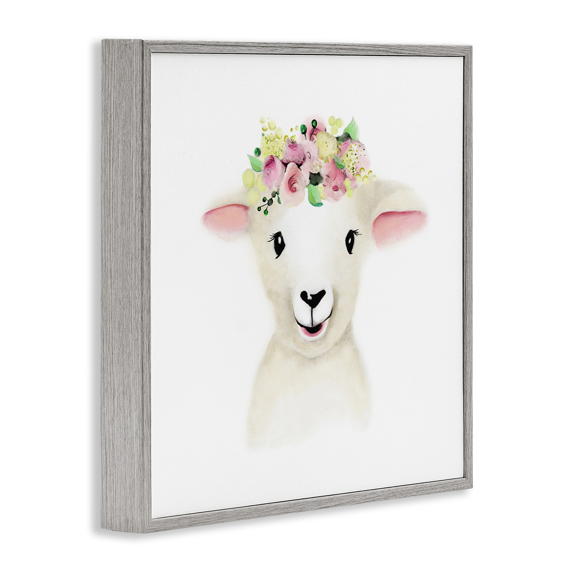 Stupell Industries Baby Lamb Sheep Flower Crown Art for Kids Painting Gray Framed Art Print Wall Art, 12 x 12