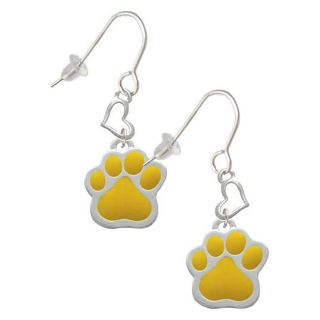 Silvertone Large Yellow Paw Heart French Earrings