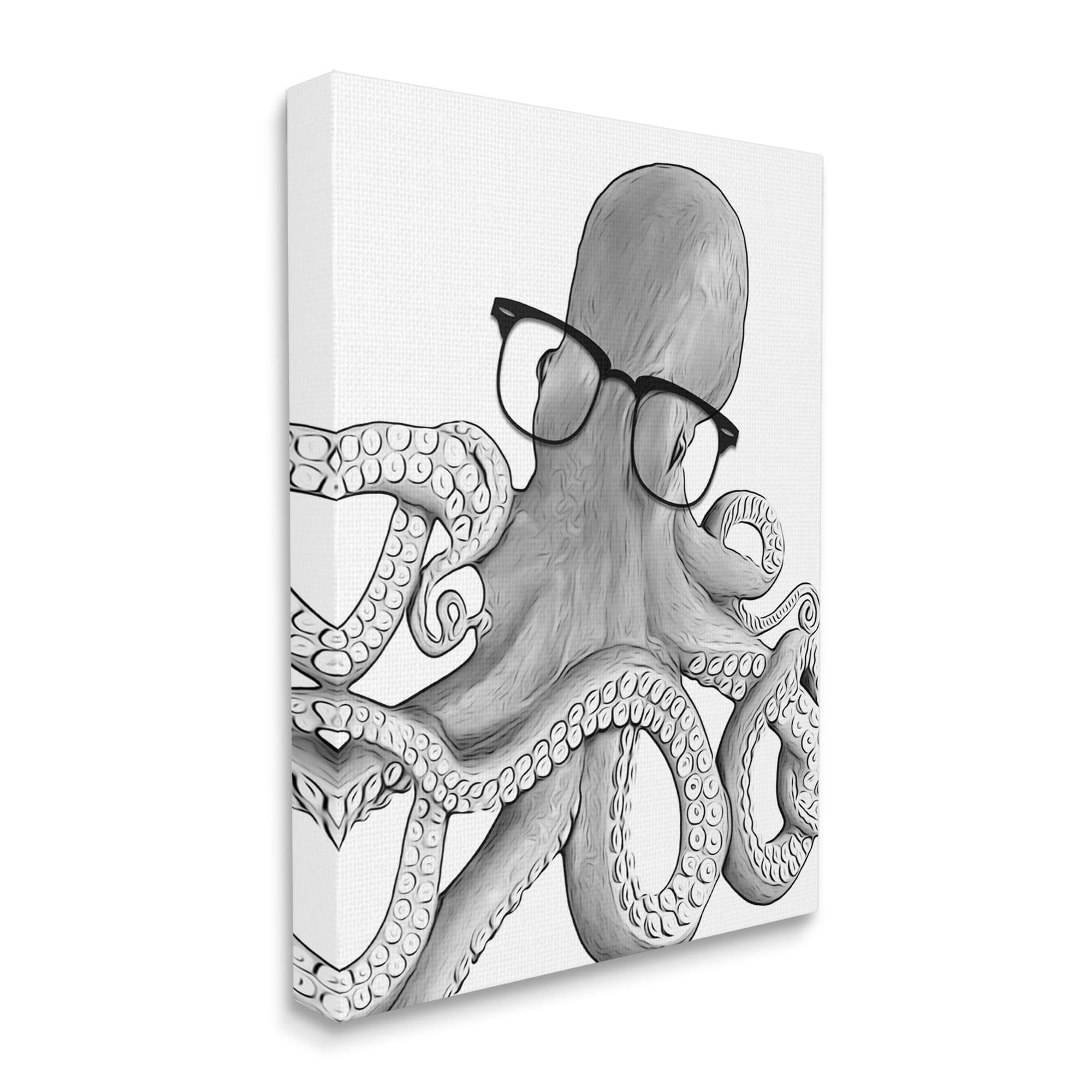Stupell Industries Monochrome Octopus Illustration Black White Glasses Design Kids Painting Gallery-Wrapped Canvas Print Wall Art, 16 x 20, Design by Annalisa Latella