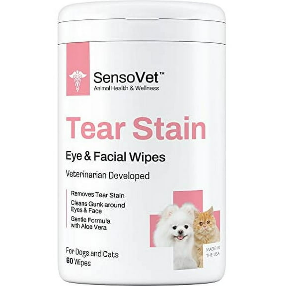 SensoVet Tear Stain Remover Eye Wipes for Dogs & Cats, Cleans Eye Boogers and Gunk Discharge, Facial Cleansing with Aloe Vera (Fragrance Free)