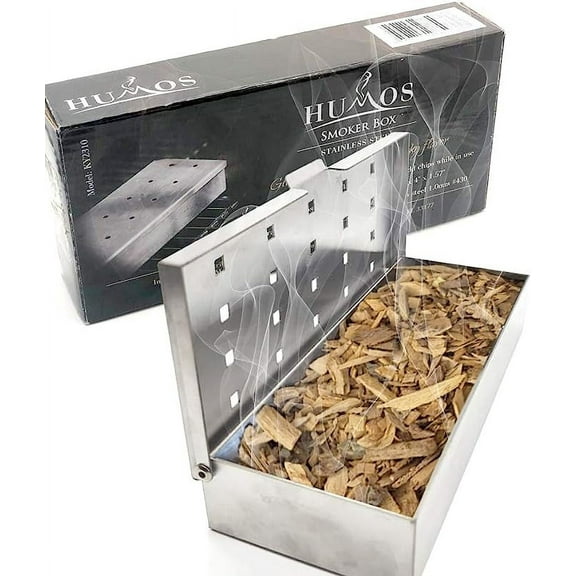 HUMOS Smoker Box, Top Meat Smokers Box in Barbecue Grilling Accessories, Add Smokey BBQ Flavor on Gas Grill or Charcoal Grills with This Stainless Steel Wood Chip Smoker Box