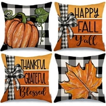 Fall Pillow Covers 18 x 18 Inch Set of 4, Buffalo Bowknot Pumpkin Maple Leaf Decorative Throw Cushion Cases Farmhouse Thanksgiving Decor Indoor Decoration for Home Sofa Couch (Orange) 392-18