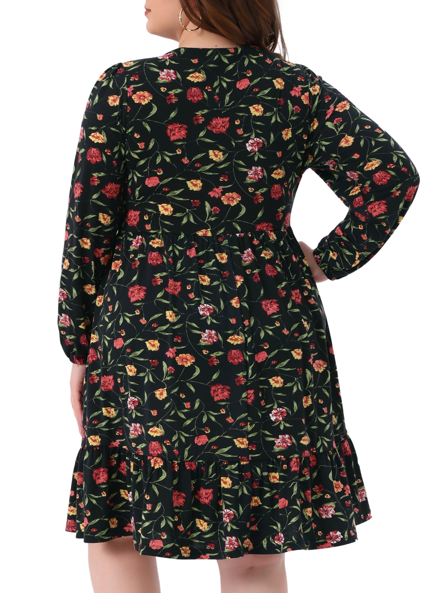 DARING DIVA Plus Size Long Sleeve Pleated Tiered Floral Dress 3X Black