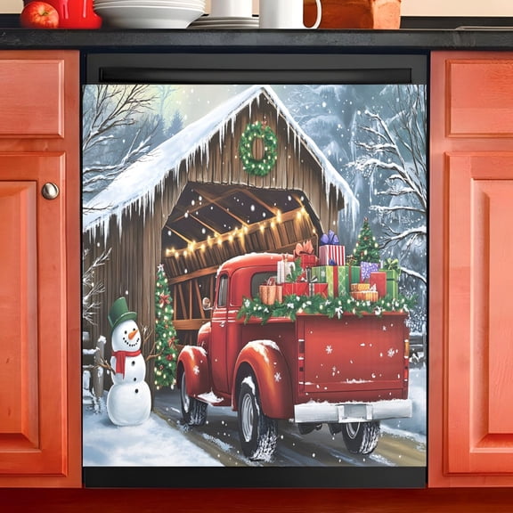 Ryvnso Truck Snowman Christmas Gifts Dishwasher Magnetic Refrigerator Magnet Cover Kitchen Home Decorative 23"x26"