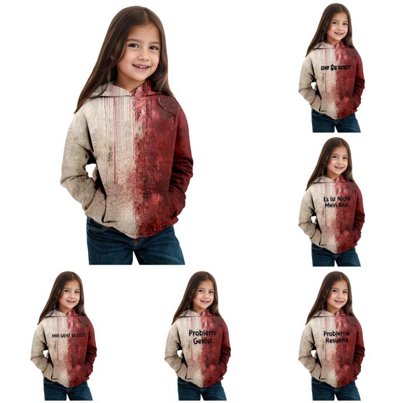 RMGVDSD Girls Halloween Hoodies Letter Graphic Pullover Hooded Sweatshirts with Pocket Little & Big Kids Halloween Holiday Party Tops Fashion Clothes 6-7 Years
