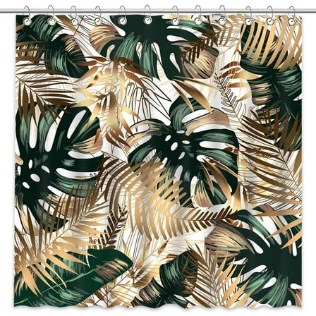 Avezano Green Tropical Leaves Shower Curtain Hawaii Palm Leaves Shower Curtain for Bathroom Gold Botanical Plants Shower Curtain Set with 12 Hooks, 72x72 Inches
