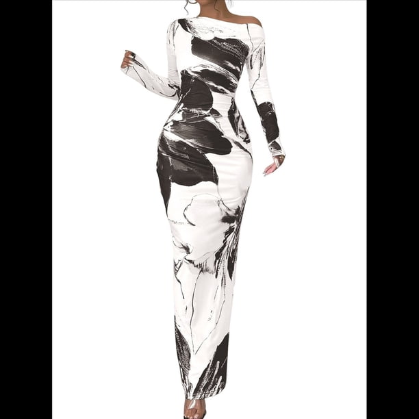 Vestido Maxi Ajustado para Mujer, Moda Otoño , Larga, Estampado Floral, Ajustado, Fruncido, para Fiesta y Club. Negro XXL