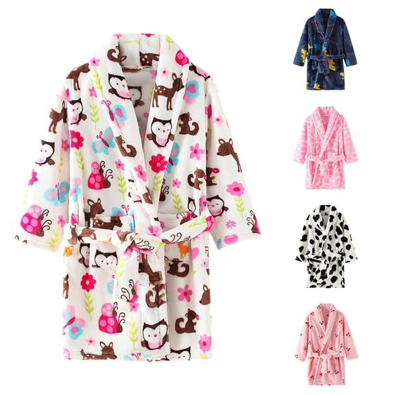 Vrotazzy Girls' Sleepwear Print Bathrobes Hooded Warm Flannel Night Cute Pajamas,9-10 Years
