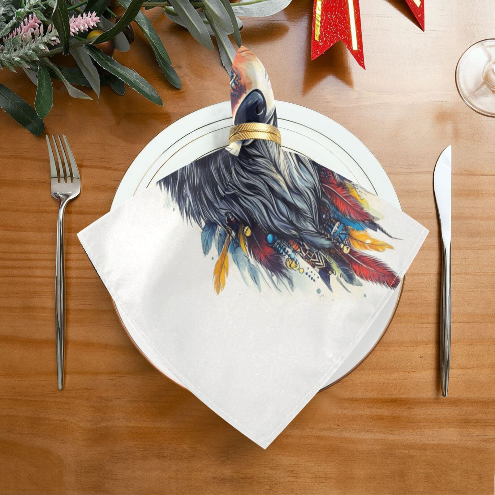 JSTEL Boho Wolf Potrait Cloth Napkins Set of 6, 20x20 Inch Washable and Reusable Napkin for Decoupage Dinner Party Everyday Use