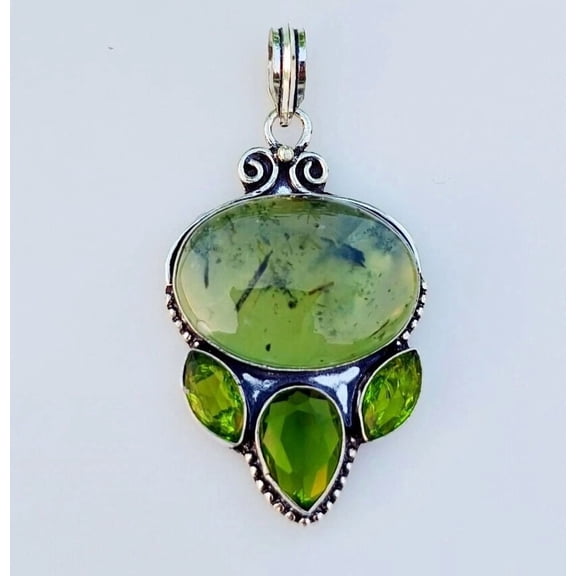 Prehnite With Peridot Gemstone Pendant 925 Sterling Silver Handmade Jewelry