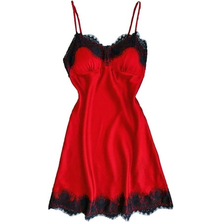 

Women s V Neck Lace Chemise Nightgown Sexy Spaghetti Straps Lounge Dress Lingerie Soft Full Slip Babydoll Sleepwear (Red Medium)