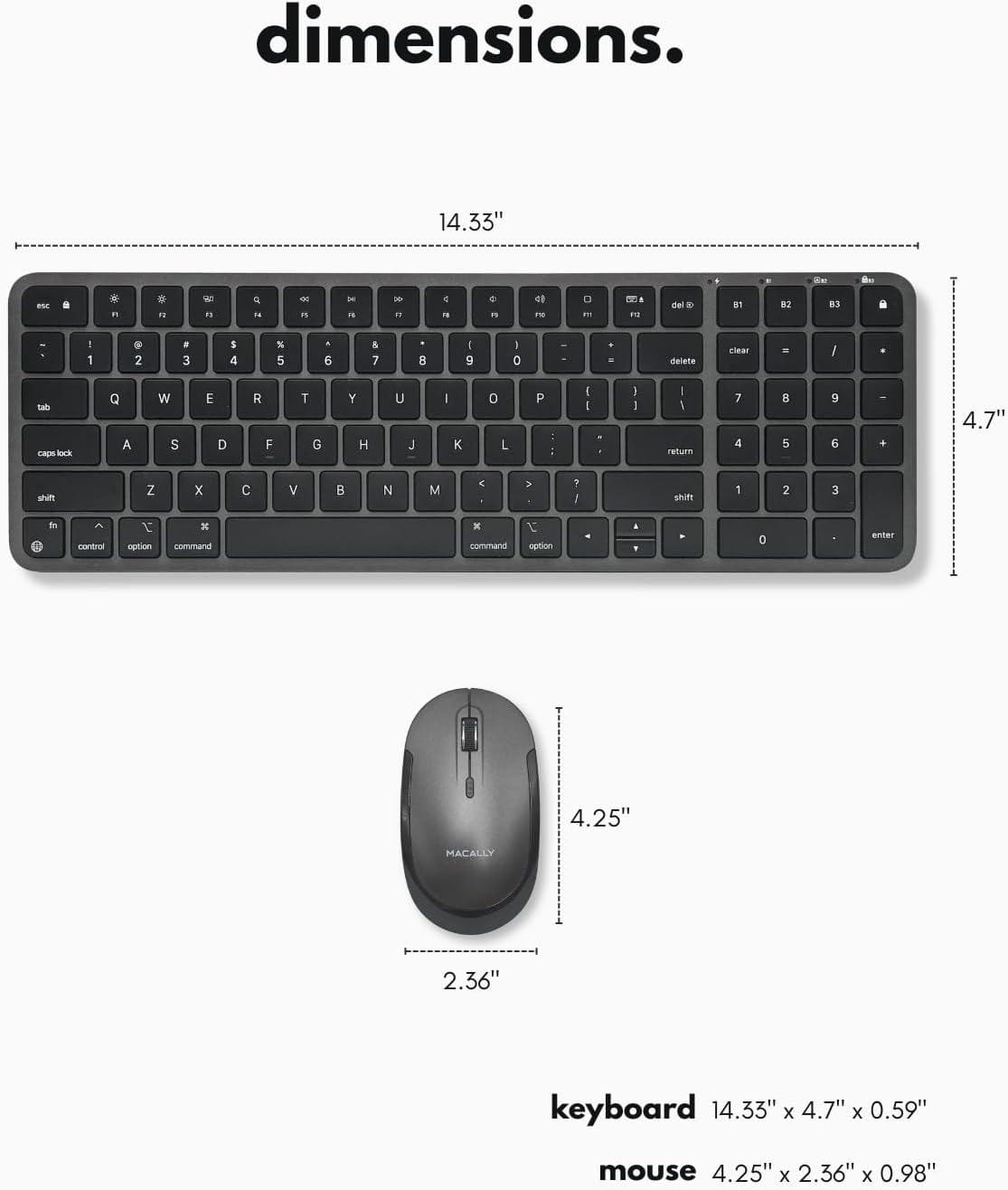 Macally Bluetooth Mac Keyboard and Mouse - Compact (2 Zone) Wireless Apple Keyboard and Mouse Combo with Number Pad - Multi Device, Rechargeable - for Mac, MacBook Pro/Air, iPad, iPhone - Space Black