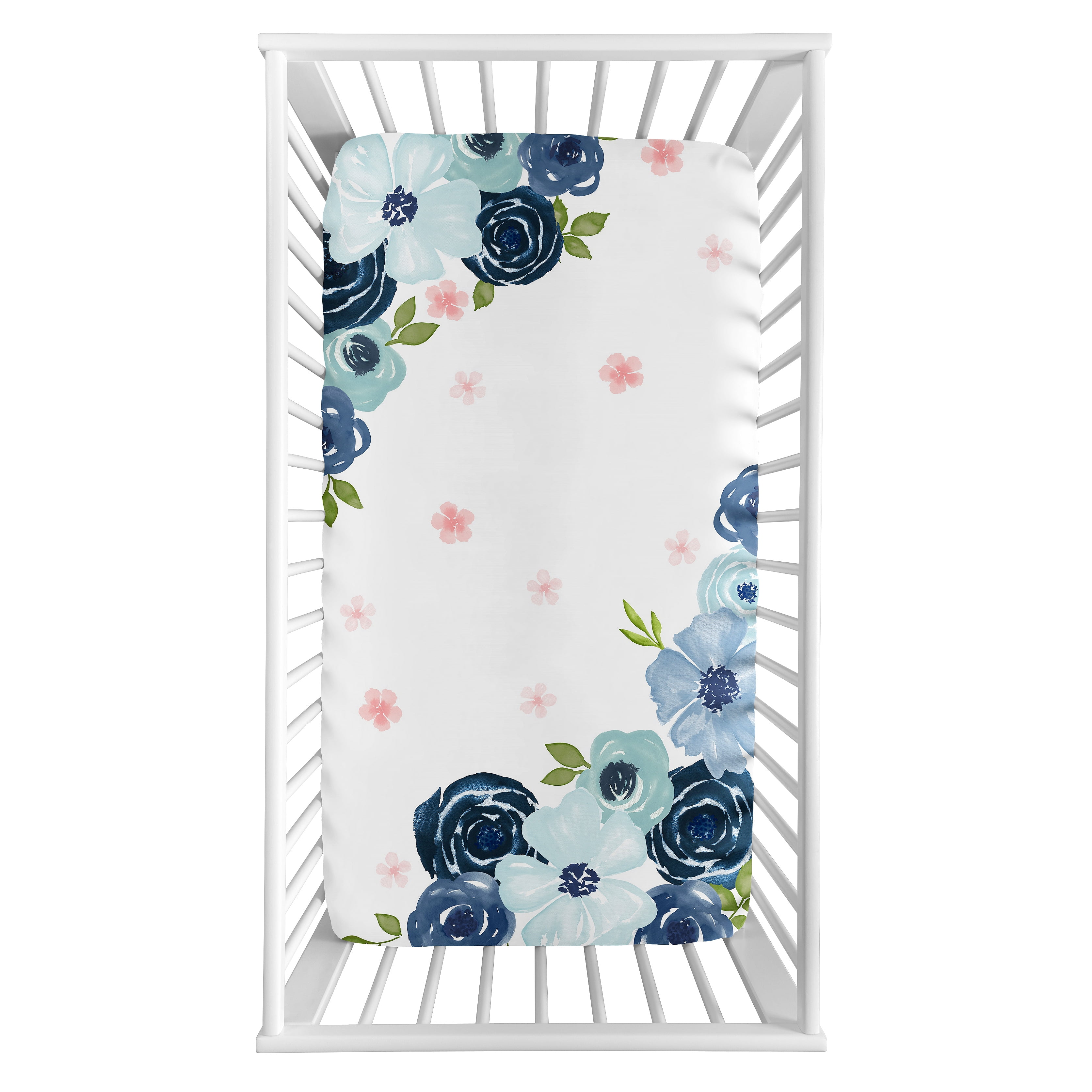Sweet Jojo Designs Watercolor Floral Navy Blue Pink and White Photo Op Fitted Crib Sheet