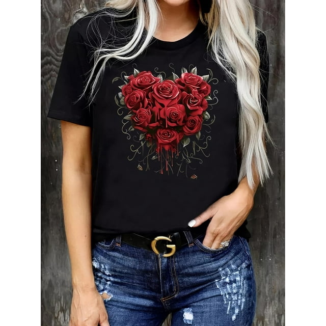Camisetas con diseño gráfico para mujer, playera corta, clásico, estética, ropa de verano de los 90Women's T-Shirt with Rose Heart Design - Casual & Comfy, Machine Washable - Perfect for Spring & S
