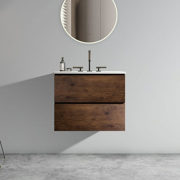 Wall Mount 24" Walnut Bathroom Vanity with Ceramic Sink with Three Faucet Holes, Large Storage Floating Bathroom Vanity for Modern Bathroom, One-Piece Sink Basin Without Drain, Pre-assembled