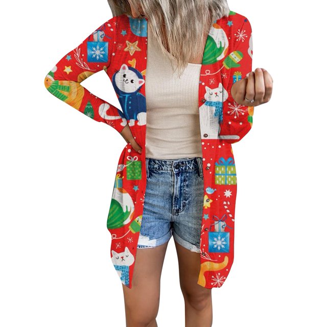 Prints Open Front Shirt, Soft Chrismas Shirt Coat Long Sleeve Skin Friendly Machine Wash For Shopping For Girls Type 1,Type 2,Type 3,Type 4,Type 5,Type 6,Type 7,Type 8