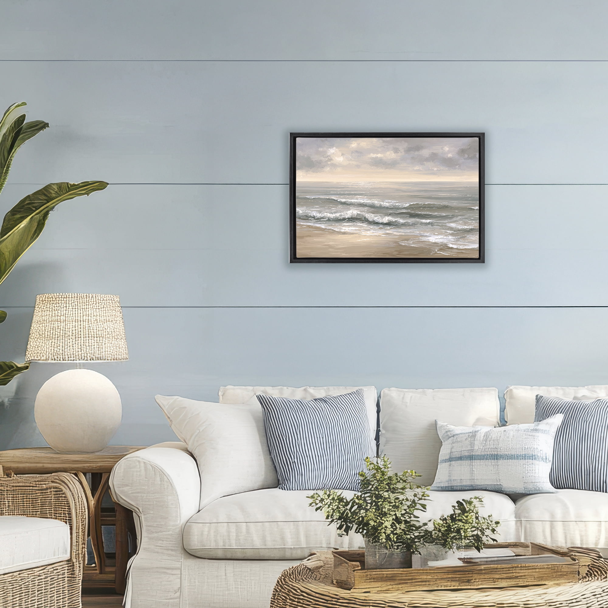 Stupell Industries Soft Rolling Beach Waves Black Framed Floater Canvas Wall Art, design by Jacky Ngan