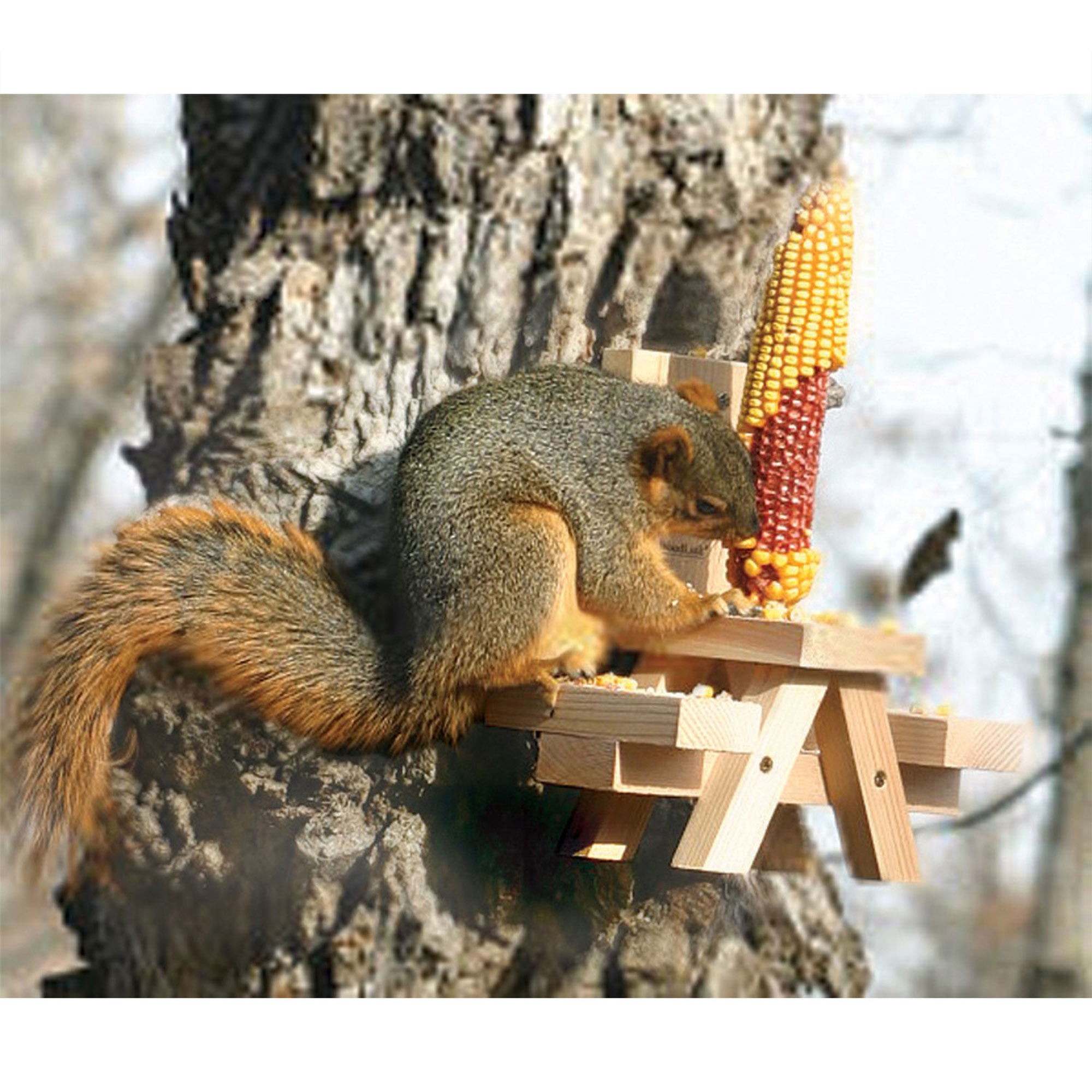 Mangeoire Pour écureuils En Bois Avec Toit Flexible - Grande Capacité, Fixation Arbre, Décoration Jardin 32.5x12.5x21cm