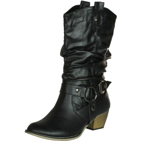 Ladies Western Black Leather Boots - Refresh Women WILD-02 Western Style Cowboy Boots