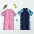 thumbnail image 3 of KYAIGUO 3-10Y Kids Toddler One Piece Swimsuits for Boys Girls Short Sleeve Rash Guard Beach Bathing Suit UPF 50+ Zipper Front Floral Swimwear, 3 of 11