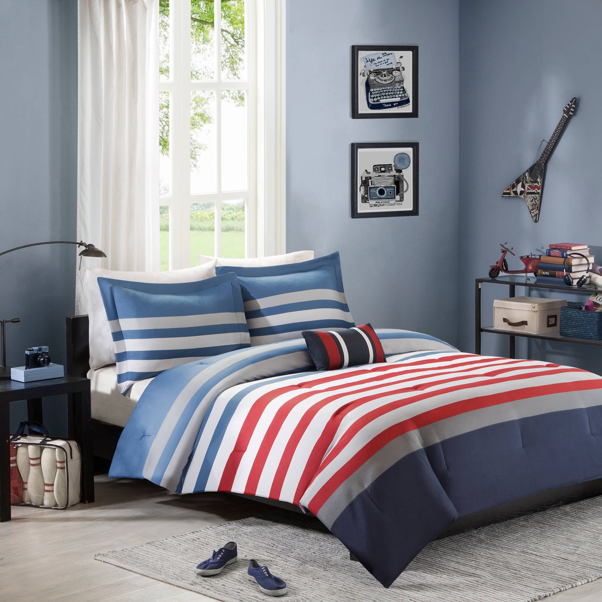 TWIN COZY NAVY BLUE WHITE GREY RED PLAID STRIPE BOYS COMFORTER QUILT SET FULL 