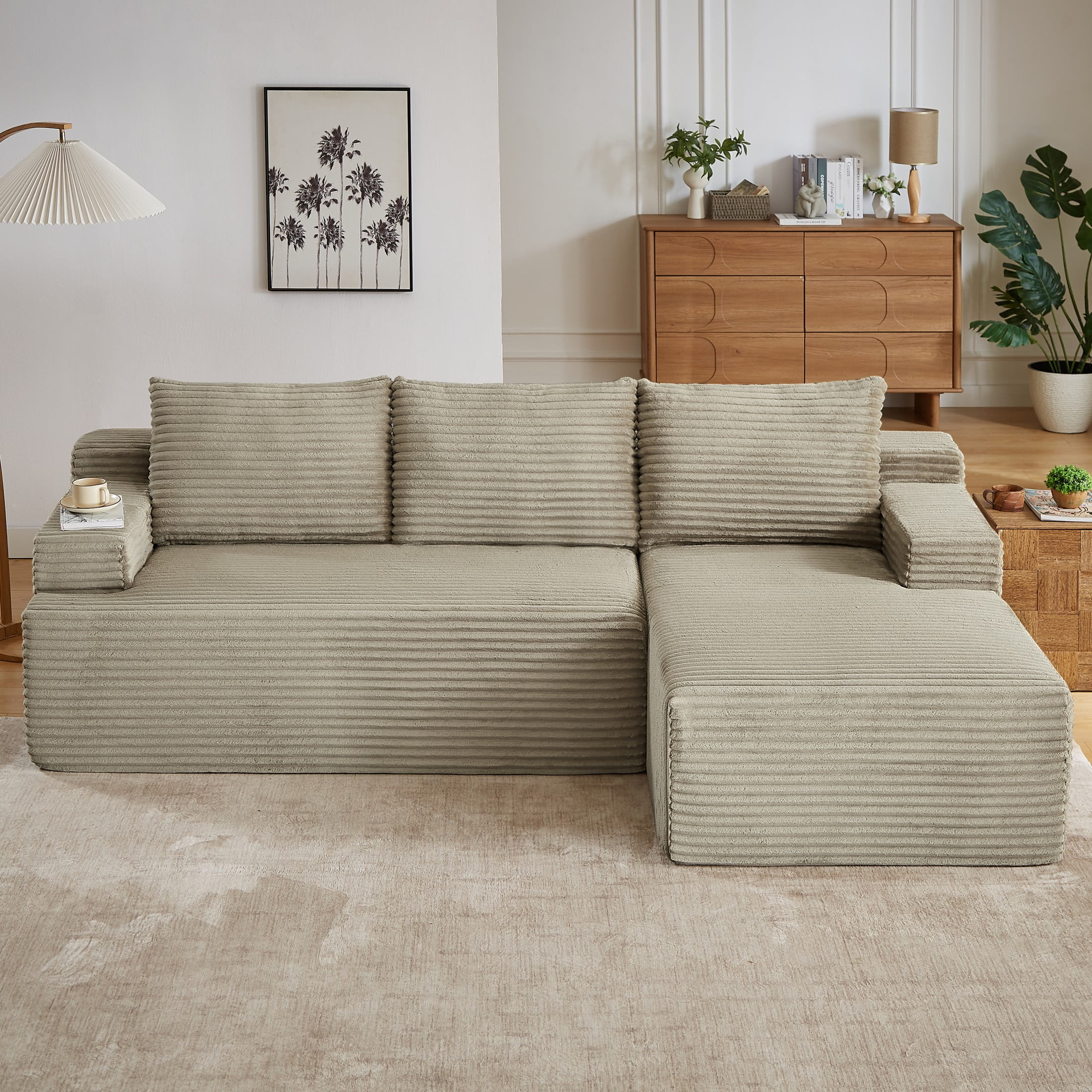 Aukfa 96" L-Shaped Cloud Sectional Sofa, Modular Boneless Couch with Deep Seat, Right-Facing Chaise, Corduroy Sleeper Sofa for Living Room, Camel