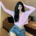 thumbnail image 3 of Wisremt T-Shirt Summer Korean Version of the Solid Color V-Neck Short Female Tshirt Slim Wild Knit Long-Sleeved Sun Crop Top, 3 of 6