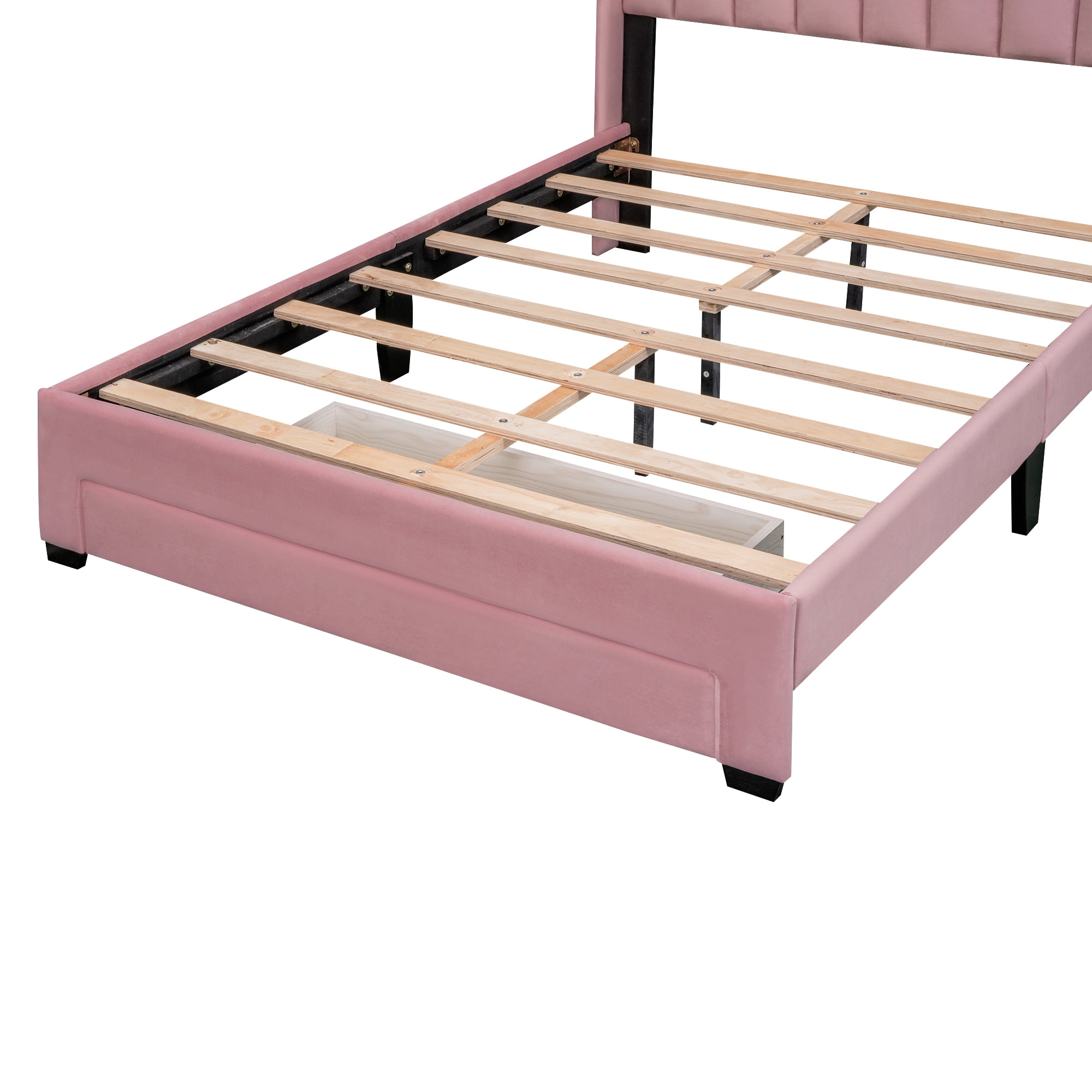 Leumius Full Size Platform Bed with A Storage Drawer,Velvet Upholstered Bed Frame with Wingback Vertical Channel Tufted Headboard,Pink