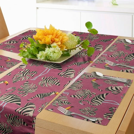 

Pink Zebra Table Runner & Placemats Flamingos Toucans Large Tropical Leaves in Zebra Stripes Trippy Illustration Set for Dining Table Placemat 4 pcs + Runner 16 x90 Pink Tan Black by Ambesonne